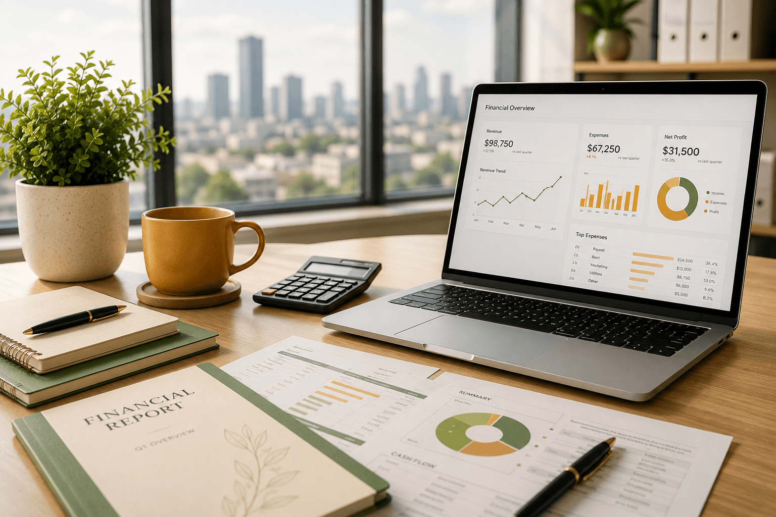 Laptop displaying accounting charts on an office desk