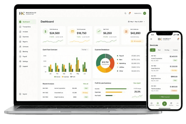 Cloud accounting dashboard displayed on a laptop and smartphone